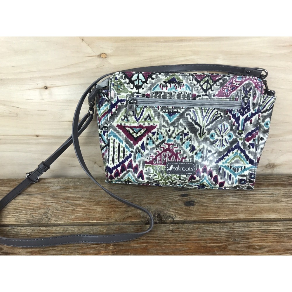 Sakroots Artist Circle Crossbody Slate Gray Paisley Floral EUC Coated Canvas